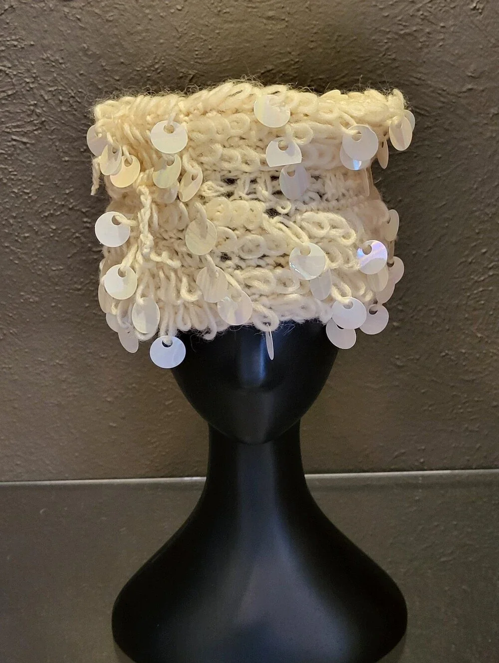 Jo Giovanni 1950s Ivory Wool Beehive Pillbox Iridescent Paillette Dangles Italy